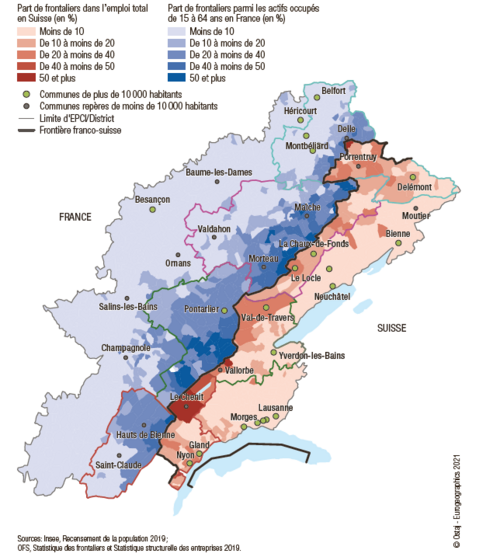Poids du travail frontalier de part et d'autre de la frontière