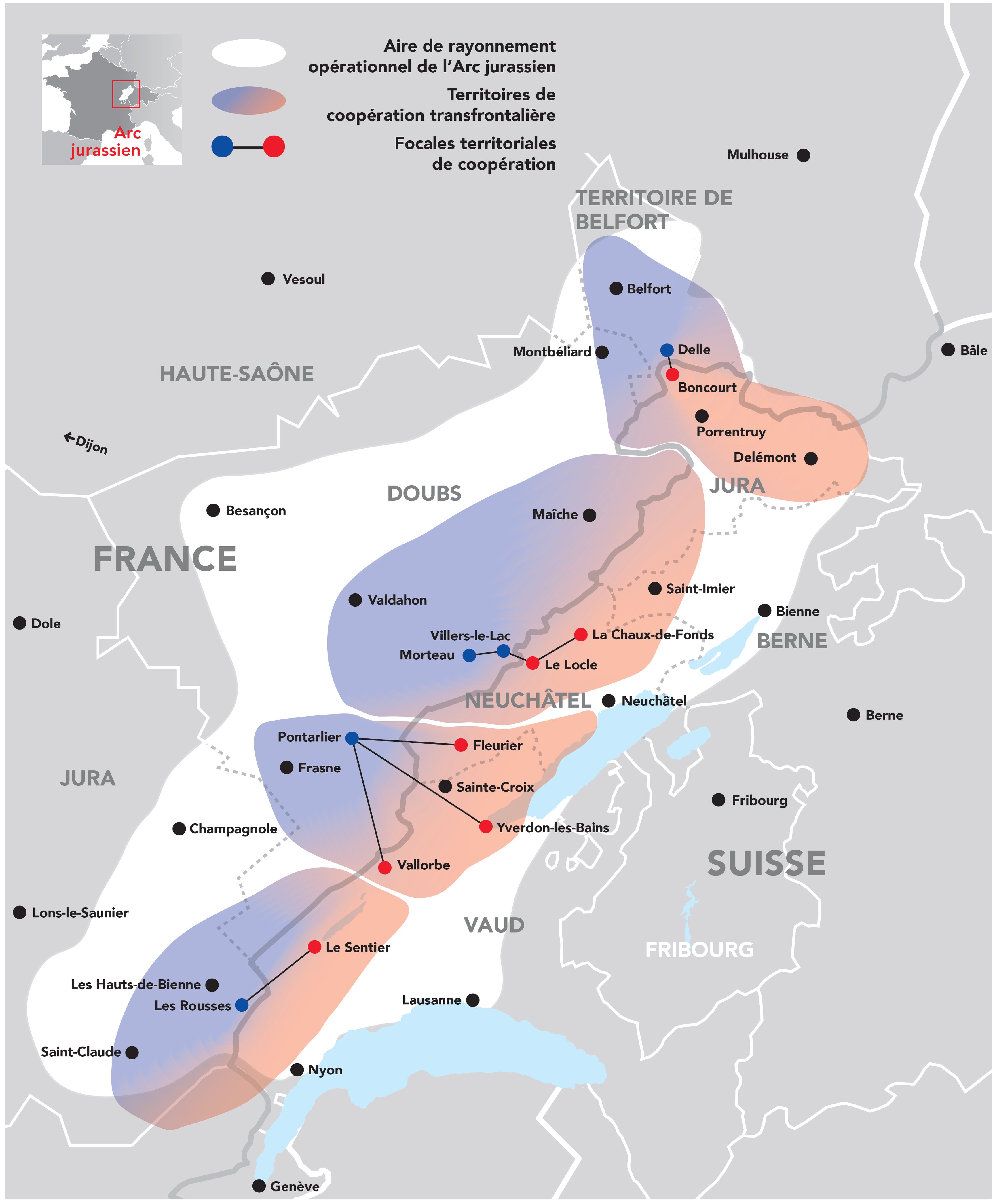 Carte de l'Arc jurassien et de ses 4 territoires de coopérations
