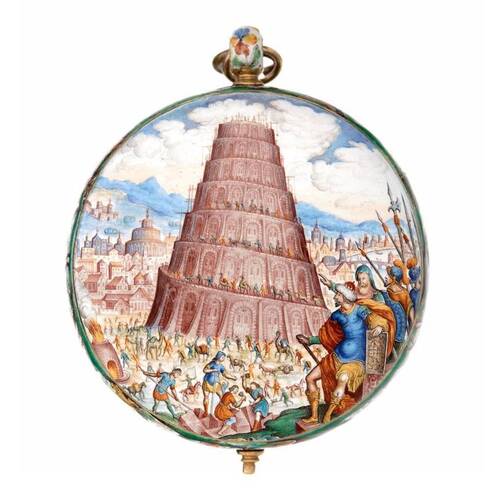 Boîtier avec décor en email représentant la tour de Babel, M. Wentzel, 1640. Présenté dans l'exposition "Eclat de verre" au Musée International d'Horlogerie, La Chaux-de-Fonds. © MIH-I-1219
