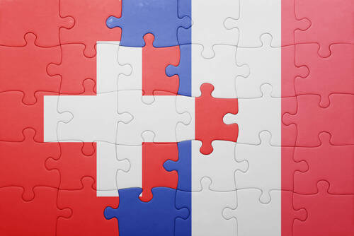 puzzle with the national flag of switzerland and france . concept
