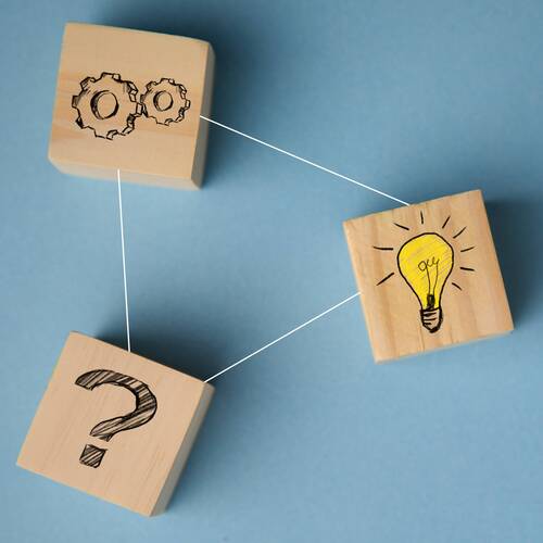 Concept of business strategy and action plan. Wood cube block stacking with icon